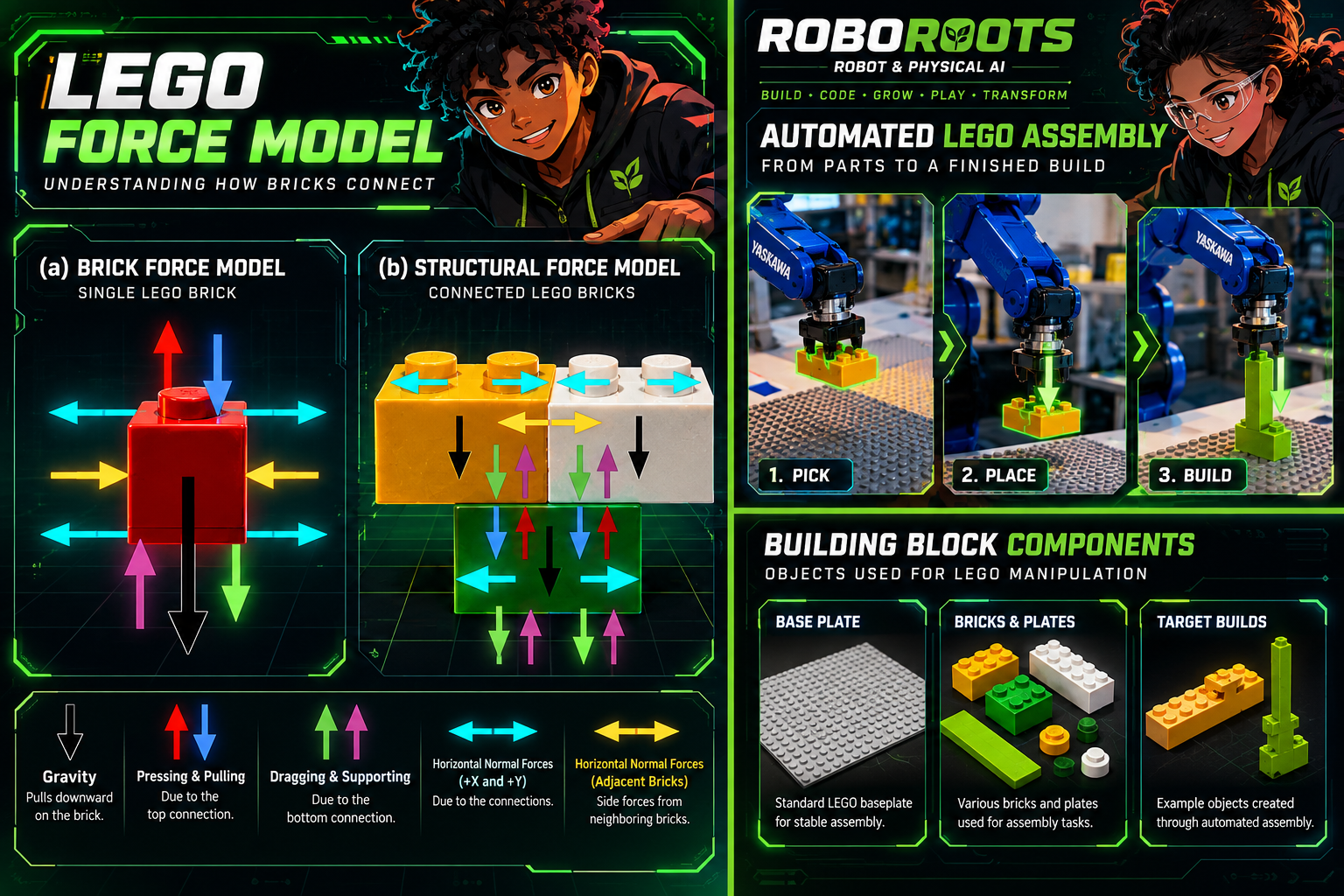 RoboRoots infographic. Left: the LEGO force model, showing gravity, pressing and pulling, dragging and supporting, and horizontal normal forces on a single brick and on connected bricks. Right: a robotic arm running a pick, place, build sequence, and the base plate, bricks and target builds used for assembly.