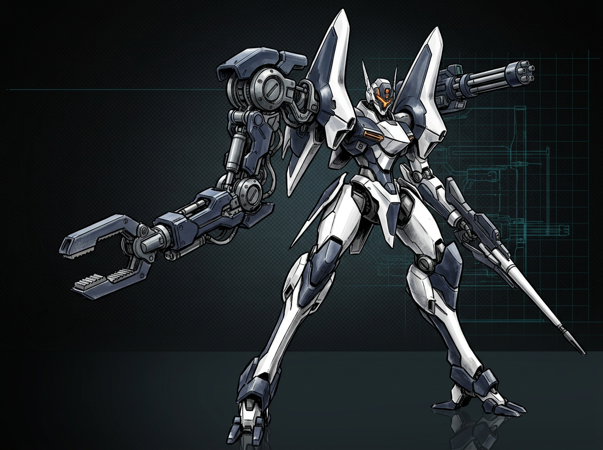 Slender porcelain-white mecha with an articulated 6-DoF robotic arm mounted on its left shoulder