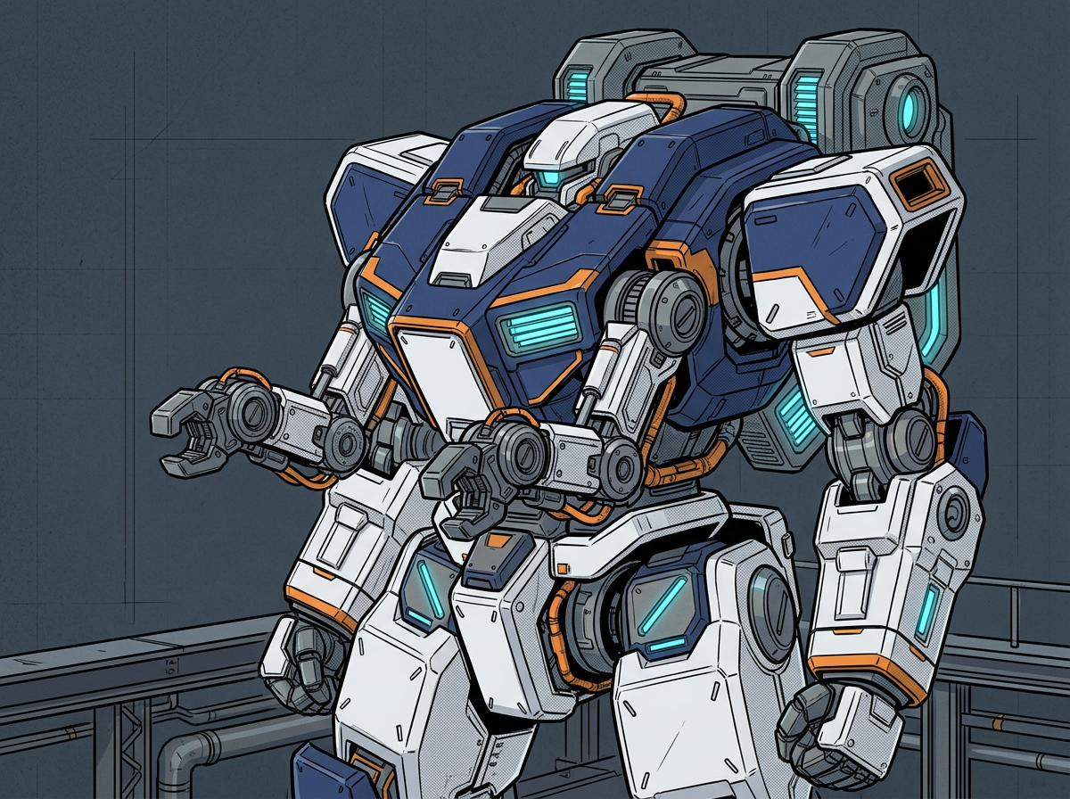 Heavy navy and white armored mecha with two hydraulic robotic arms folded forward over its chest