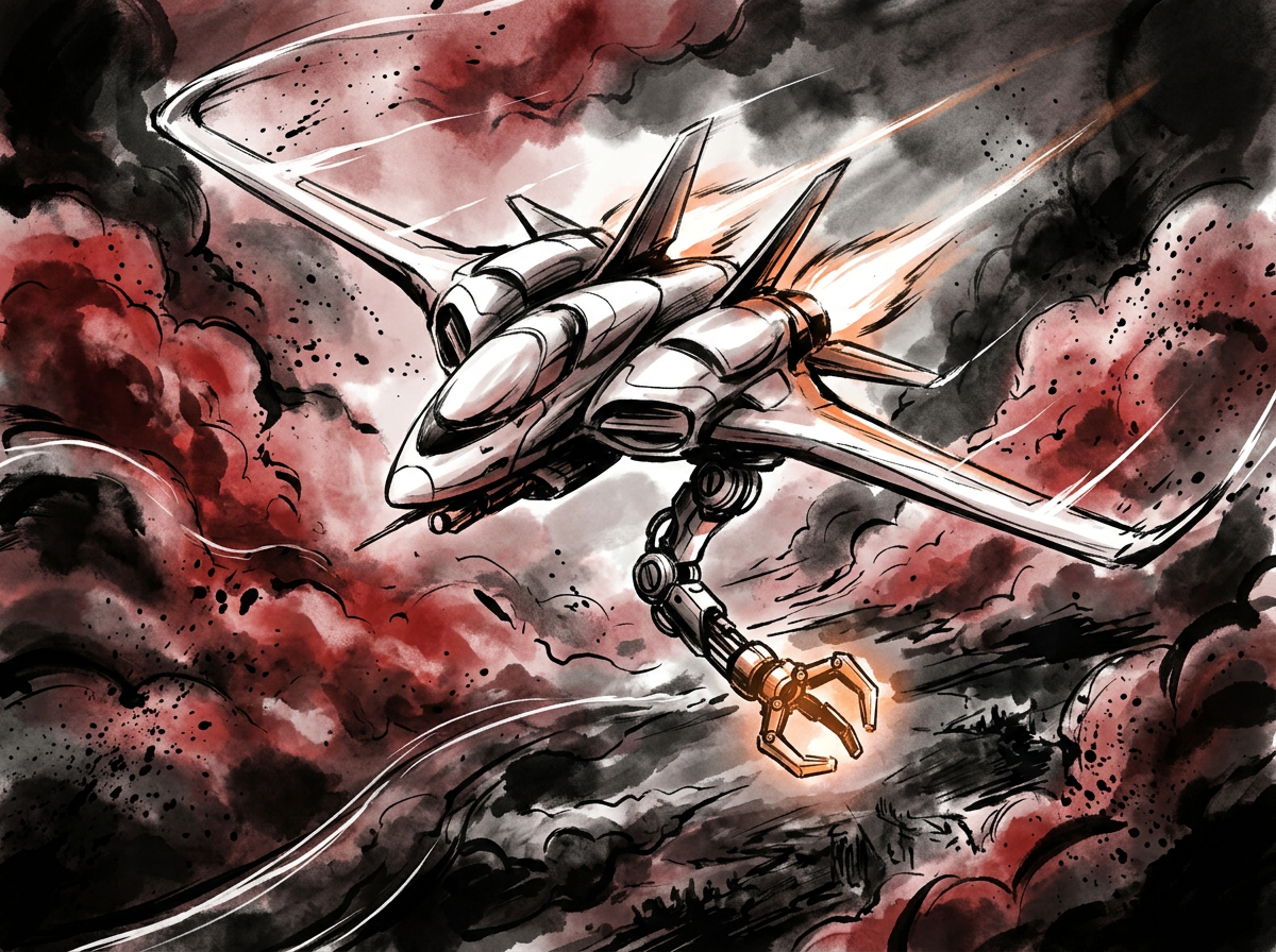 White winged mecha diving through crimson clouds with a multi-jointed robotic arm reaching down from its underside