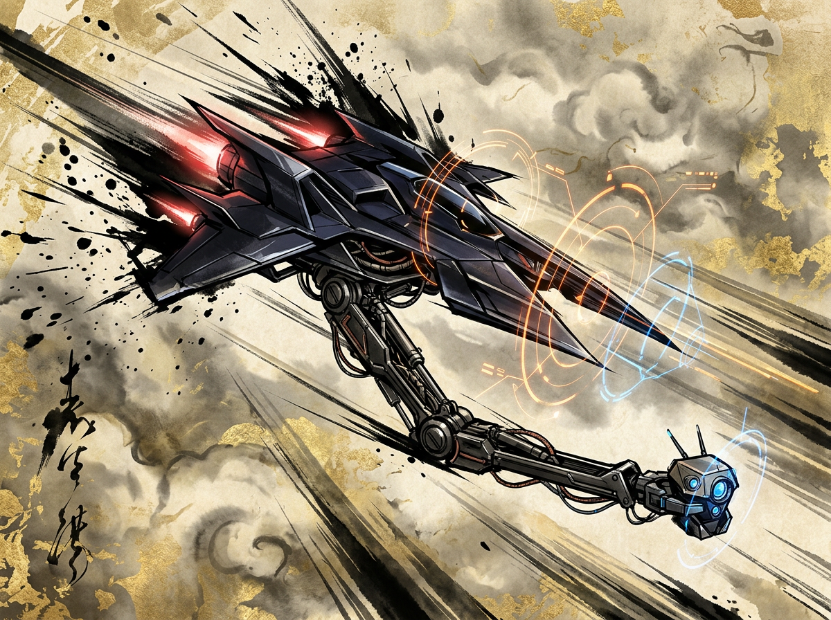 Dark obsidian interceptor slicing through golden haze while a segmented robotic arm arcs out from its belly