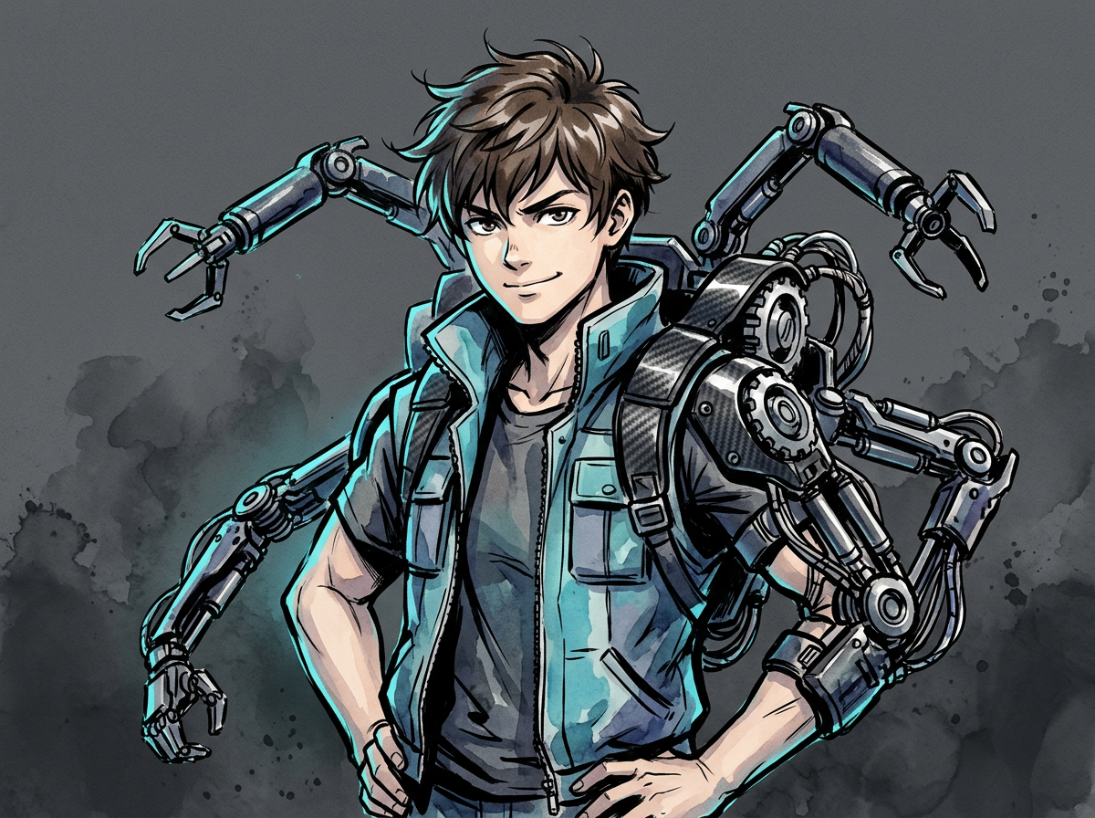 Boy pilot in a cyan tactical vest with four mechanical arms extending from a harness on his back