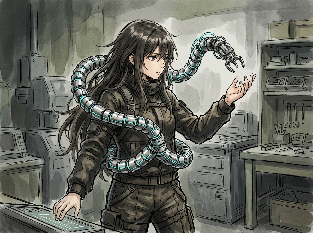Girl pilot in dark techwear with a segmented robotic snake arm coiling around her shoulders