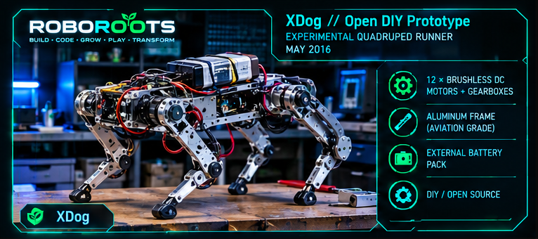 XDog open DIY prototype quadruped with exposed wiring, aluminum frame, and external battery pack on a workbench