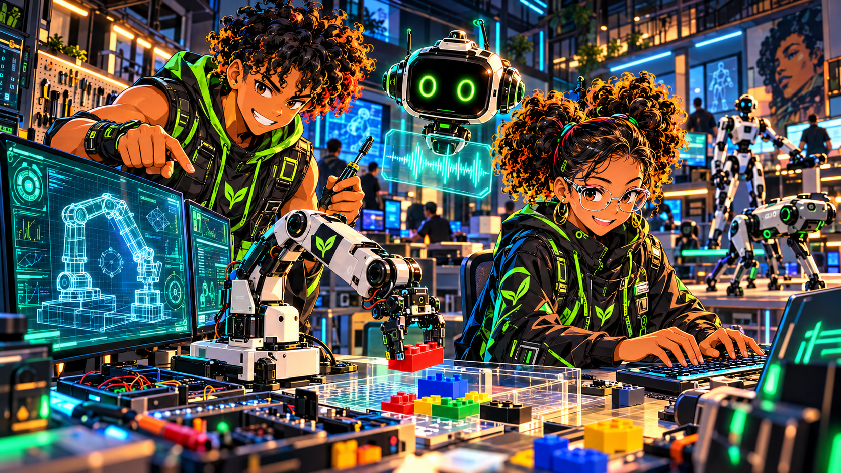 Kai and Nia building in the RoboRoots Sim Lab: Kai points at an SO-101 arm stacking Lego bricks while Nia codes at a keyboard, with the F.C.T.C. drone, a Go2 quadruped, and a G1 humanoid behind them.