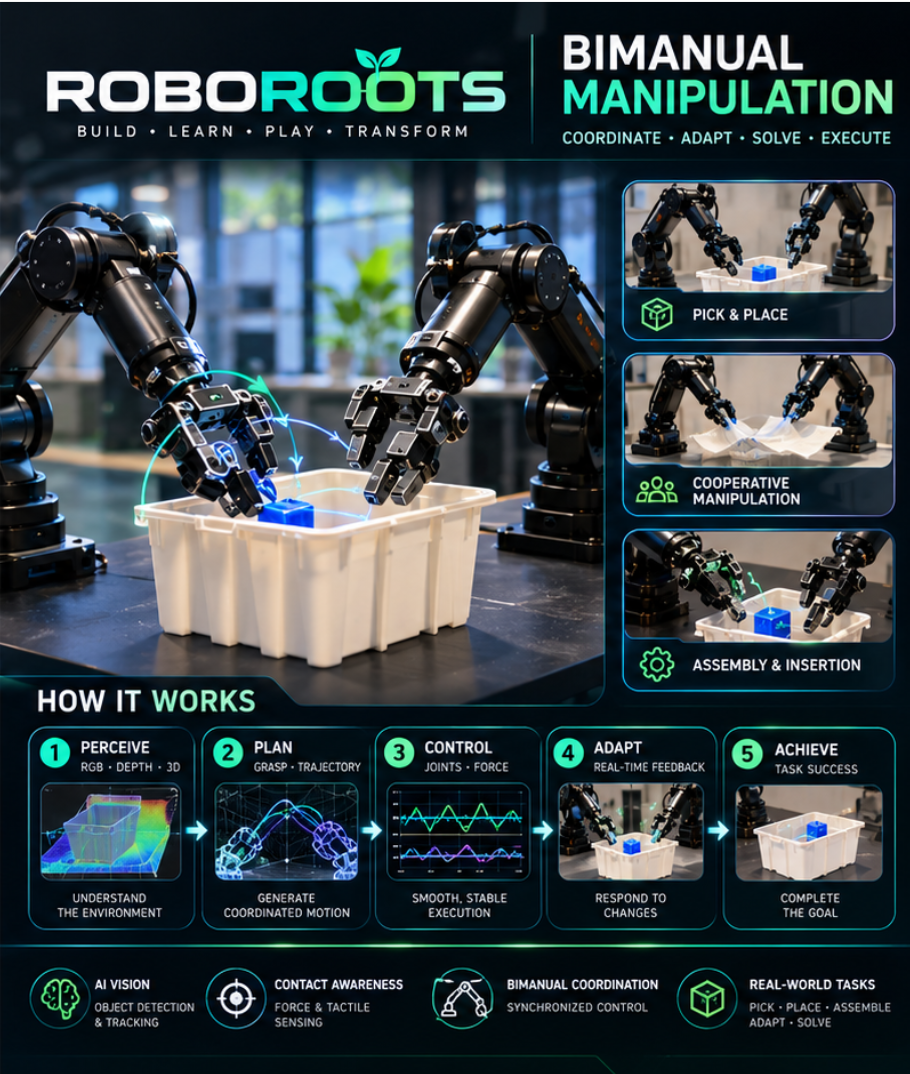 Two coordinated black robotic arms with parallel-jaw grippers cooperatively manipulating a blue cube inside a white bin, with contact-awareness telemetry overlays.