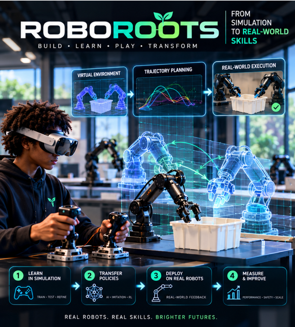 A youth builder in a VR headset teleoperating physical and holographic robotic arms through virtual environment, trajectory planning, and real-world execution stages.