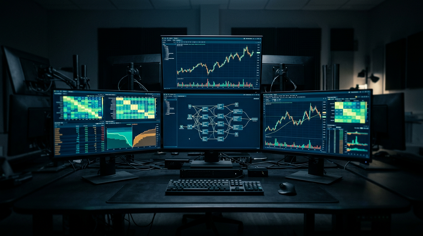 Financial analytics terminal with live market charts and AI agent graphs