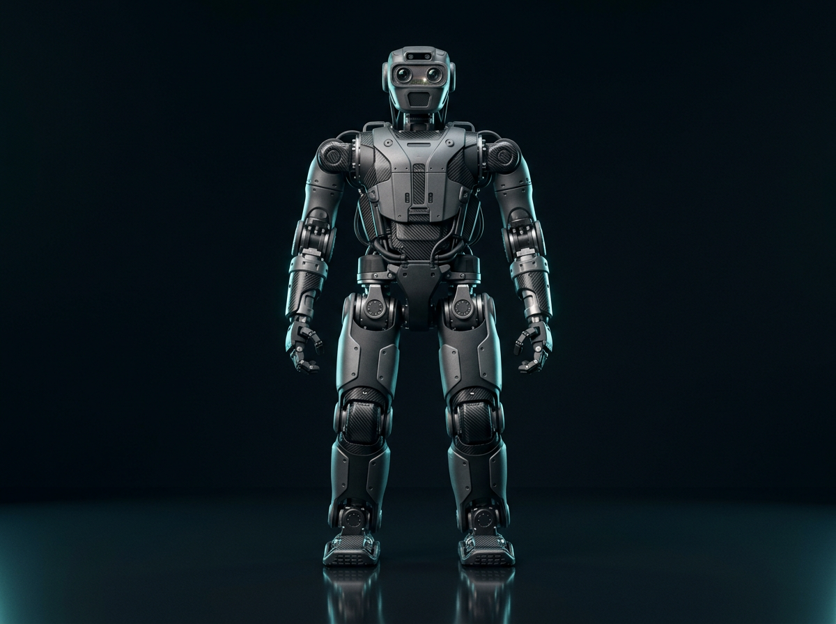 Unitree G1 style humanoid with its finished carbon fiber and composite exterior shell