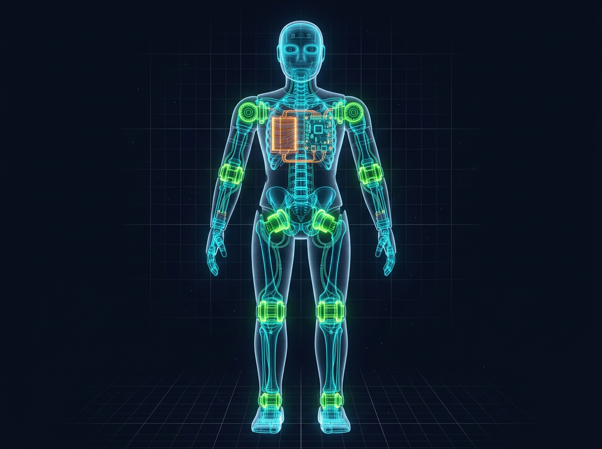 X-ray wireframe view of the same humanoid showing joint actuators, harmonic gearboxes, battery pack, bus wiring, and edge computer